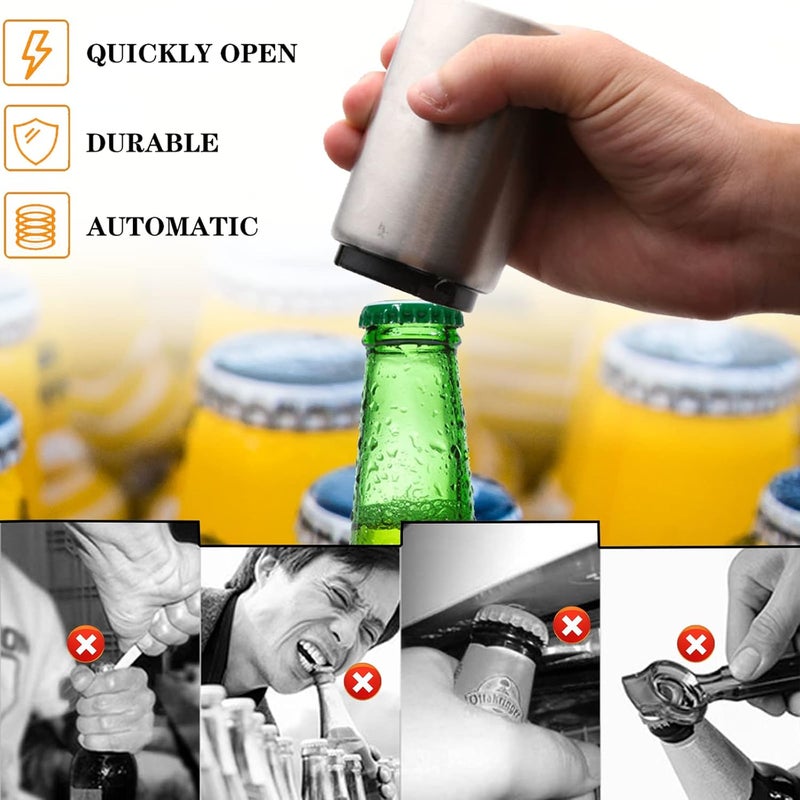 SmaringRobot 2PCS Pop-the-Top Beer Bottle Opener, Metal Automatic Magnetic Glass Bottle Cap Openers, Wine Bartender Tool Cap Catcher for Bar, Party, Wine Ceremony, Restaurant Household Utensils, Easy to Use-Silver - Image 4